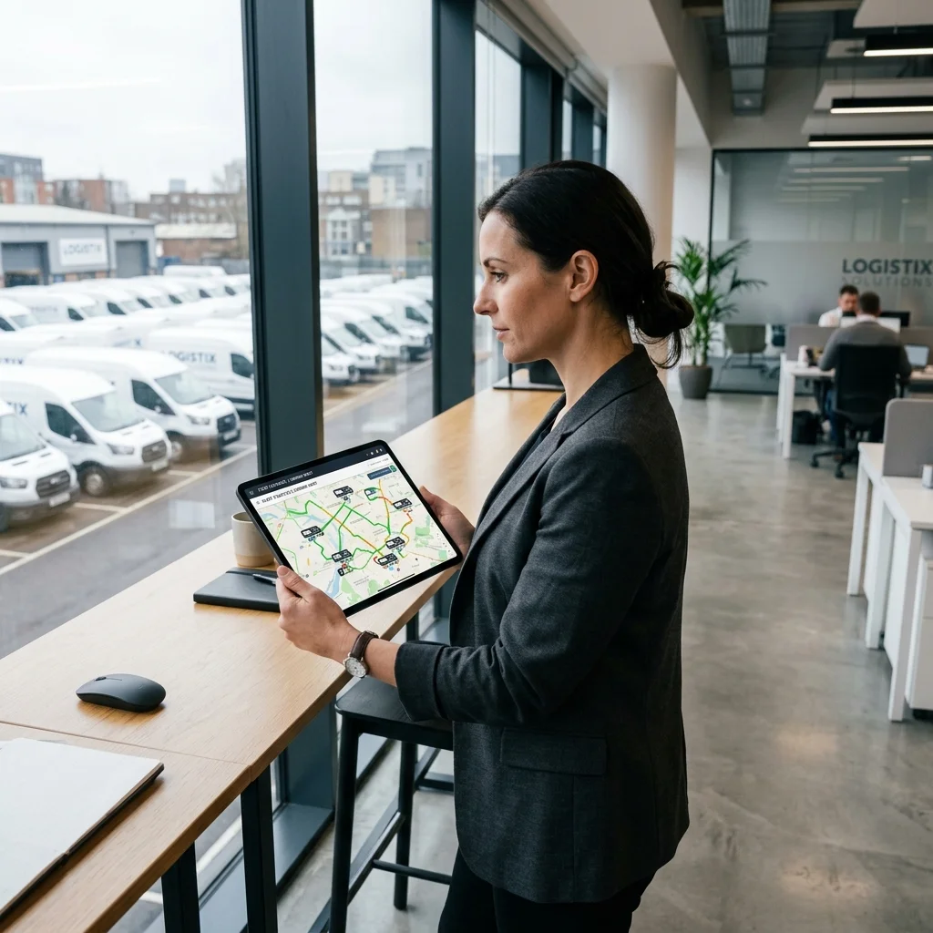 Flottenmanagerin mit Tablet vor einer Reihe Transporter