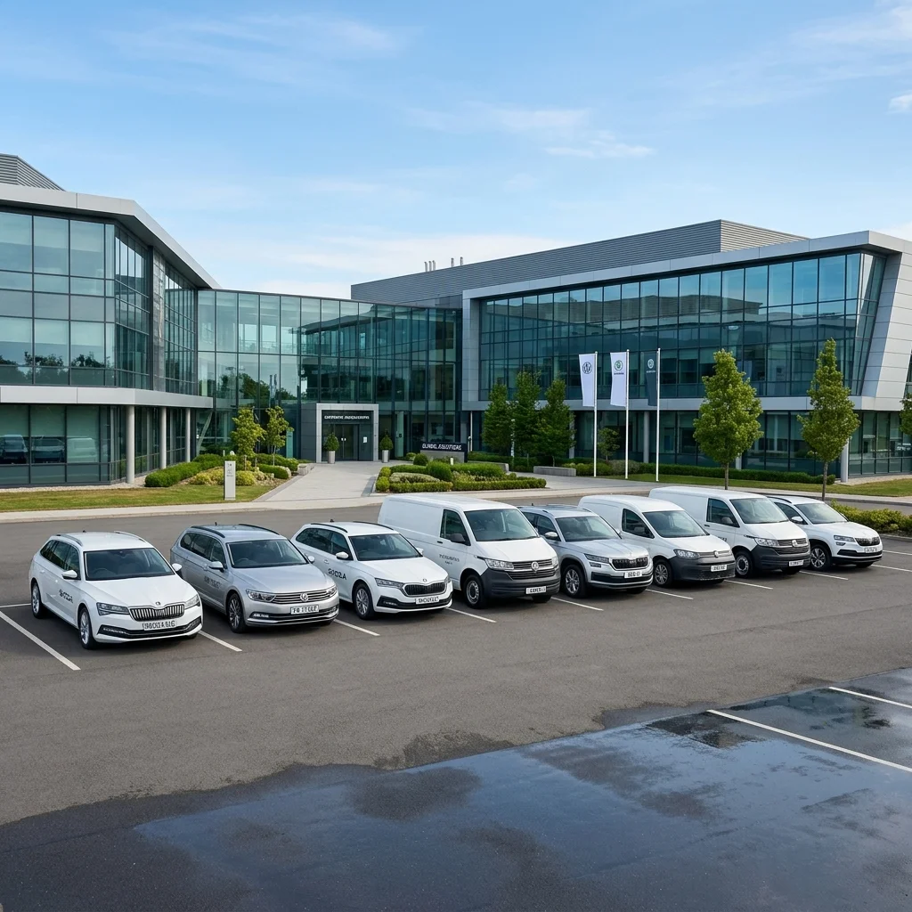 Firmenflotte aus Pkw und Transportern vor einem Autohaus