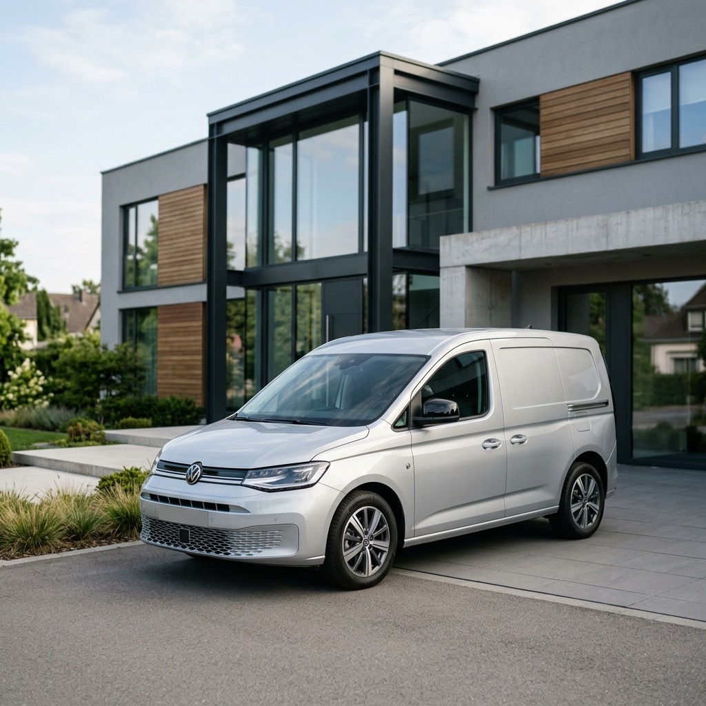 Silberner VW Caddy Cargo vor einem modernen Gebäude