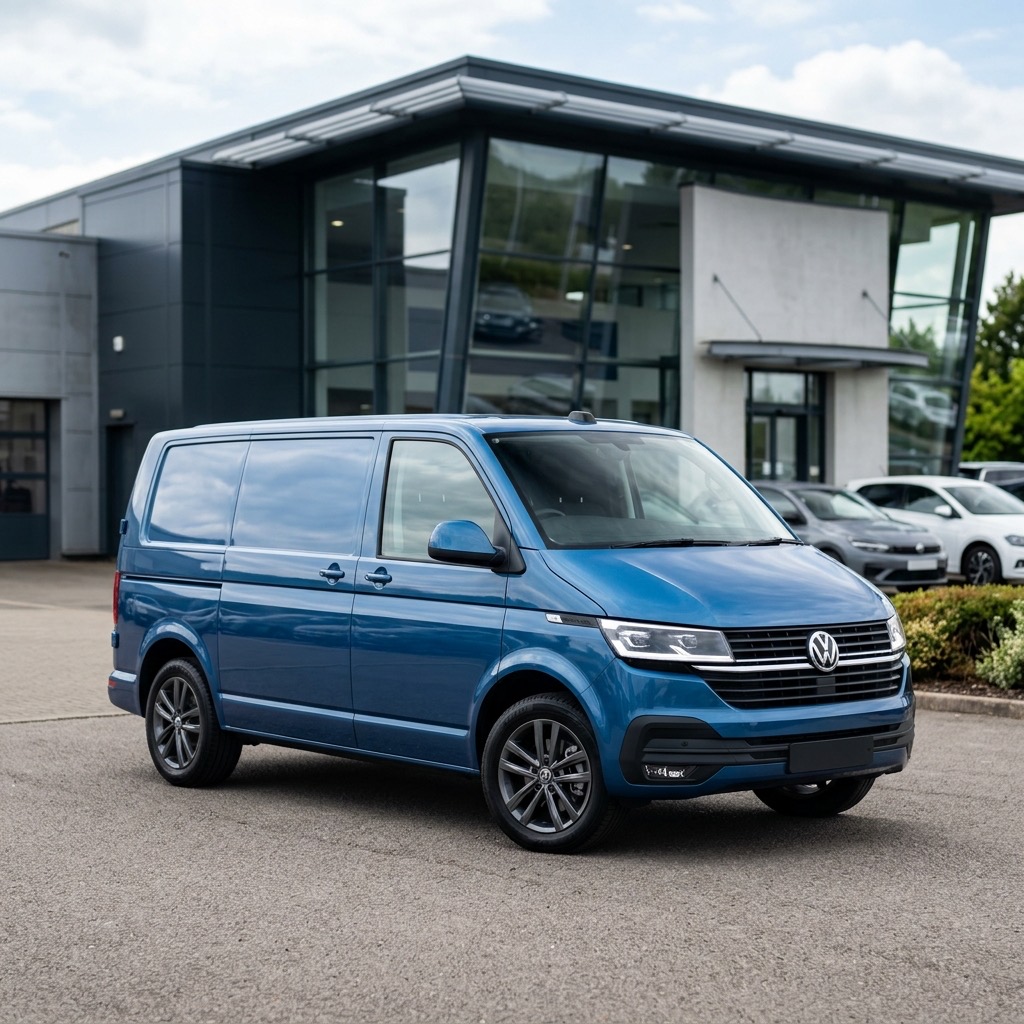 Blauer VW Transporter vor einem Autohaus